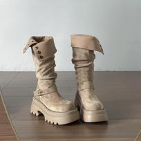 Juodi retro universalūs storo pado storu kulnu batai, ilgi batai, rudeniški liekninantys ir aukštinantys riterio batai 35 juoda