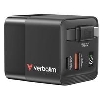 VERBATIM GaN Netzladegärt 65W 2 Anschlüsse US/EU/UK ADP - integriertes einziehbares USB-C Kabel