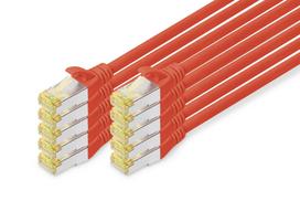 DIGITUS - Patch-Kabel - RJ-45 (M) bis RJ-45 (M) - 3 m - SFTP - CAT 6a - halogenfrei, geformt, ohne Haken - Rot (Packung mit 10)