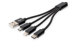 DIGITUS 3-in-1 Charger Cable - Lightning-Kabel - USB (M) bis Micro-USB Typ B, Lightning, USB-C (M) - 15 cm - Schwarz