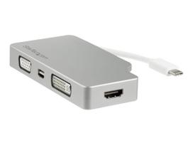 StarTech.com Aluminium Reise A/V Adapter 4-in-1 USB-C auf VGA, DVI, HDMI oder mDP - USB Type-C Adapter - 4K - Videoadapter - USB-C männlich zu HD-15 (VGA), DVI-D, HDMI, Mini DisplayPort weiblich - 10.5 cm - Silber - 4K Unterstützung, aktiv