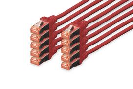 DIGITUS - Patch-Kabel - RJ-45 (M) bis RJ-45 (M) - 25cm - SFTP, PiMF - CAT 6e - IEEE 802,3 - halogenfrei, geformt, ohne Haken - Rot (Packung mit 10) (DK-1644-0025-R-10)