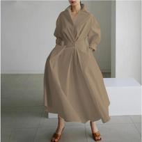 Moteriška medvilninė negabaritinė elegantiška medvilninė saulės suknelė su atvartu, aukštu juosmeniu, ilgomis rankovėmis, ilgi marškiniai S tamsiai mėlyna