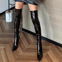 Seksualūs juodi virš kelių batai moterims aukštu kulnu Ryškios odos Smailūs Šoniniai Užtrauktukai Batai Moterims Didelio Dydžio Stiletto Aukšti Botas 34 juoda