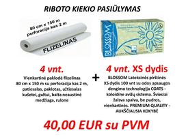 RIBOTO KIEKIO PASIŪLYMAS. 4 vnt. Flizelinas 80 cm x 150 m su perforacija kas 2 m ir 4 vnt. BLOSSOM Lateksinės pirštinės XS dydis 100 vnt.