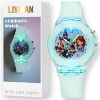 Vaikiškas laikrodis LIVMAN KR-3257 su animacinės princesės tema, spalvingomis LED lemputėmis ir pridedama CR2025 baterija