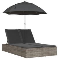 Dvivietis saulės gultas，Lauko gultas su čiužinukais/skėčiu, pilkas, ratanas CFE192419