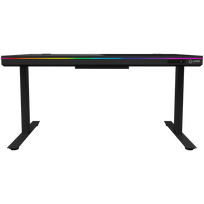 LORGAR Dual-motor sit-stand adjustable-height gaming desk with wireless charger, RGB lighting, control panel, and USB ports, a solid tempered glass tabletop, black.