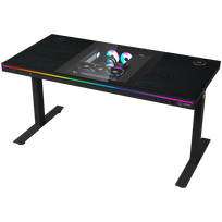 LORGAR Dual-motor sit-stand adjustable-height gaming desk with a built-in PC case, wireless charger, RGB lighting, control panel, and USB ports, PB melamine surface tabletop, black.