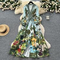 Summer Autumn Women Vintage Print V-neck Full Sleeve Single Breasted Long Maxi Holiday Seaside Dresses M mėlyna