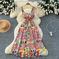 Summer Women Vintage Baroque Print Designer Runway Dress Spaghetti Strap Long Midi Party Dresses S