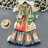 Spring Summer Women Brand Designer Vintage Print Runway Dress Turn-down Collar Long Maxi Shirt Party Dresses M