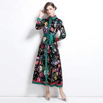 Spring Autumn Women Stand Collar Vintage Palace Print Designer Runway Dress Single Breasted Long Maxi Oversize Loose Party Lace-up Dresses M juoda