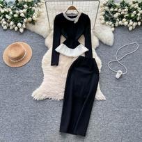 Autumn Winter Women Vintage Hepburn Style Black Business Outfits O-neck Blouses Tops and Long Midi Bodycon Pencil Skirt Office Work Two Piece Set S juoda