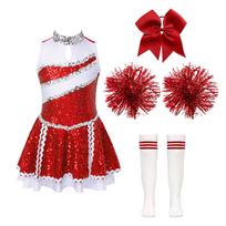 Merginų šokio kostiumų rinkinys cheerleadingui: Blizganti aplikacijų patchwork suknelė su paslėptu užtrauktuku, lankelis plaukams, gėlės rankoms ir dryžuotos kojinės 5-6 Years