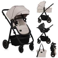 Vežimėlis 3 in 1 su automobiline kėdute, visiems sezonams, XXL lopšys, pripučiami ratai, 3D ventiliacija – Lionelo Amber Plus Beige Sand