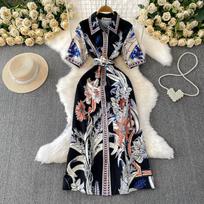 Summer Women Designer Vintage Print Runway Dress Elegant Turn-down Collar Single Breasted Long Maxi Shirt Dresses With Belt S juoda