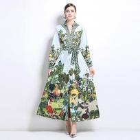 Spring Autumn Women Vintage Print Deep V-neck Full Sleeve Single Breasted Long Maxi Holiday Beach Dresses M žalia