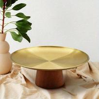 Stainless Steel Cake Tray Wooden Base Cake Pan Heavy Duty Fruit Display Plate Dessert Plate Dining Table Home Decoration Pink