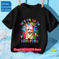 Bluey Themed Kids T-Shirt Boys Girls Autumn Winter Cartoon Graphic Short Sleeve Tee Daily Wear Top 130