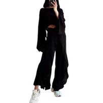 2 Pcs/Set Women Crop Top Pants Set Long Sleeve Boat Neck Short Top High Waist Irregular Ruffle Lace-up Wrapped Trousers Solid Color Club Party Top XL juoda