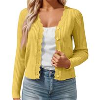 Women's Color Casual Cardigan With Fungus Edge V-neck Thin Short Knit Jacket L armijos žalia spalva