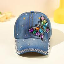 Butterfly Pattern Rhinestone Decor Fashionable Baseball Cap, Women's Sunscreen Washed Denim Trucker Hat for Outdoor for Music Festival gray