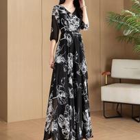 Plus Size Summer Holiday Dress: Women's Mid-Waist, Five-Sleeve, Flattering Print Long Skirt 4XL juoda
