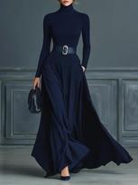 2025 European and American Women's High Collar Long Sleeve Solid Color Autumn/Winter Maxi Dress L tamsiai mėlyna spalva