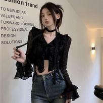Gotikinės moteriškos nėriniuotos palaidinės Grunge Y2k Crop Top moteriški marškiniai Elegantiški juodi permatomi megztiniai Korėjos gatvės drabužiai S juoda
