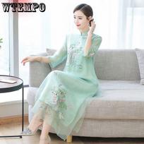 Cheongsam suknelė Vasarinė siuvinėta ilga suknelė Etninis vėjas Didelio dydžio moteriškos mados elegantiškos suknelės M rožinė