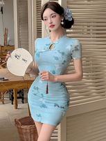 Elegantiška gėlių rašto retro qipao suknelė - prigludusi, seksuali, su varlytės sagtimi, trumpa, pabrėžianti klubus Large mėlyna