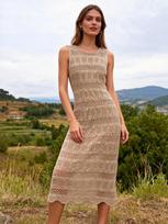Hot Selling European & American Style Solid Color Knit Beach Maxi Dress - Round Neck, Sleeveless, Sexy. XL