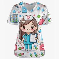 Cartoon Rabbit 3D Print Nurse Medical Uniforms V-Neck Short Sleeve Pocket Workwear Top Scrubs Medical Accessories Uniform S