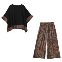 Fat Plus Size Wide Leg Pants 2 Piece Sets Women's Summer Loose 3/4 Sleeves Top Suit Mother's Plus Size 2pcs/set L juoda/leopardas