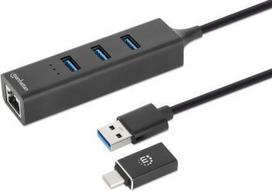 MANHATTAN 3-Port USB 3.0 Typ-C / Typ-A Kombo-Hub mit Gigabit Ethernet-Netzwerkadapter USB-A-Stecker mit abnehmbarem USB-C-Adapterstecker auf RJ45-Buchse und drei USB-A-Buchsen, 5Gbit/s SuperSpeed USB (USB 3.2 Gen 1), Stromversorgung über USB, schwarz (180894)