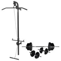 Prie sienos montuojamas jėgos treniruoklis su štanga ir hantelių rinkiniu 605 kg