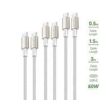 USB-C į USB-C PremiumCord 60W 3 vnt. rinkinys 0.5M+1.5M+3M baltas / sidabrinis