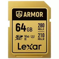 LEXAR SDXC ARMOR GOLD UHS-II U3, Nerūdijančio plieno, IP68 R280/W210 (V60) 64GB LSDAMGL064G-RNNNG