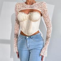 New Fashion Sexy Lingerie Sets Lace Ear Top 2 Pieces Set Corset S abrikosas