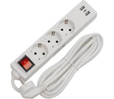 Ilgintuvas su jungikliu, 3 lizdai + 2x USB-A + 1x USB-C, 3 m, SCHUKO, baltas