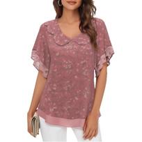 Moterų grybų rašto apvalios apykaklės itin plona šifono trumpomis rankovėmis marškinėliai L persikas