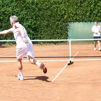 Badmintono tinklas 670x70,5x92,5cm., geltonos/mėlynos spalvos