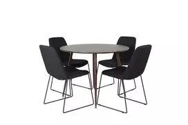 Plaza Apvalus stalas 100 cm, ruda + Muce Valgomojo kėdė 4 vnt., juoda