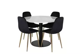 Valgomojo stalas Estelle ø106cm, Balta/Juoda + 4 kėdės Polar, Juodas velvetas