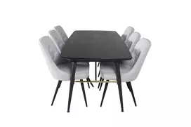 auksinė Stalo prailginimas - 180/220*85*H76 juoda + Deluxe Valgomojo kėdė 6 vnt., juoda/pilka