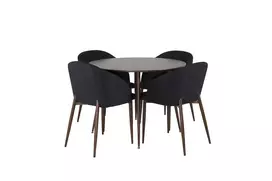 Plaza Apvalus stalas 100 cm - Riešutinio riešuto stalviršis - Riešutinio riešuto kojos+Arkinė valgomojo kėdė - Riešutmedžio kojos - Juodas audinys_4