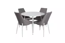 Plaza Apvalus stalas 100 cm, balta + Leone 2.0 kėdė 4 vnt., pilka/balta