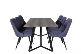 Marina Valgomojo stalas - 180*90*H75, pilka/juoda + Deluxe Valgomojo kėdė 6 vnt., juoda/mėlyna