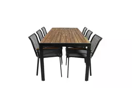 Lauko stalas Bois 205x90 cm, Juodos kojos/Akacija+6 valgomojo kėdės Dallas